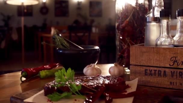 Fried stake in slow motion — Stock Video