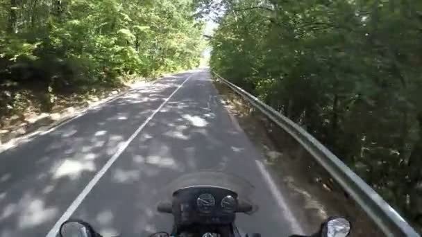 Езда на мотоцикле в тени деревьев — стоковое видео