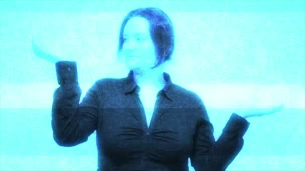 Hologramm Geschäftsfrau zeigt auf Gegenstände — Stockvideo