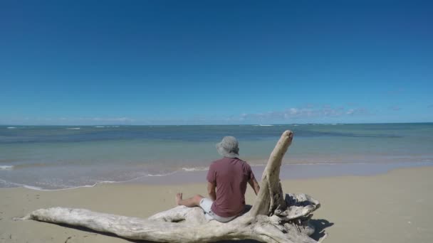 Μοναχικό νεαρό άνδρα να καθίσει στο δέντρο βλέμμα στον ωκεανό — Αρχείο Βίντεο
