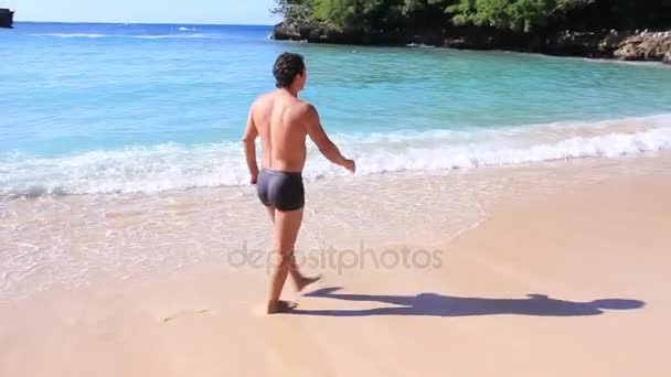 Ο άνθρωπος περπατά στην παραλία — Αρχείο Βίντεο