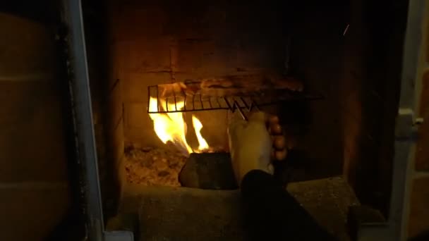 グリルでロースト ミート、暖炉の上に食べ物を準備します。 — ストック動画