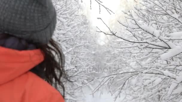 Mujer divertida corriendo por el parque de nieve tocando la rama del árbol, nieve cayendo, diversión de invierno — Vídeo de stock