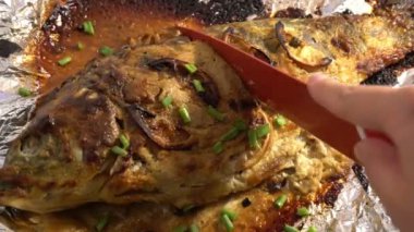 Sazan domates ve sebze ile açık yangın kavrulmuş ve yalanlar üzerine kurulu ile hazır yemek, ızgara balık, ızgara ve Barbekü, sos dışarıda yemek yemek, kırsal gıda yaz
