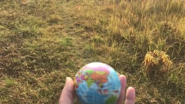 Feminino segurando terra global em sua mão, contra a grama amarela, conceito de ecologia, impacto humano, salvar — Vídeo de Stock