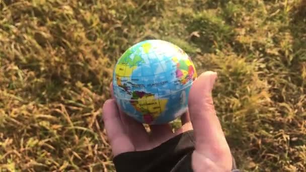 Mujer sosteniendo la tierra global en su mano, contra la hierba amarilla, concepto de ecología, impacto humano, salvar — Vídeo de stock