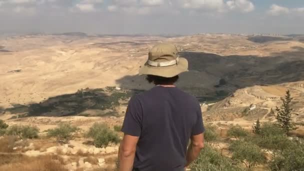 Hombre de pie al borde de las montañas levantar las manos mirando el hermoso paisaje del desierto — Vídeos de Stock