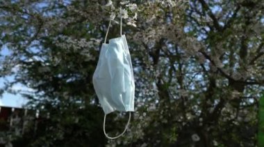 Ağaçta asılı tıbbi maske, virüs, salgın, sorun, çöp, çöp, konsept