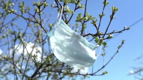 Máscara médica colgando en el árbol, virus, epidemia, problema, basura, basura, concepto — Vídeo de stock