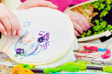 Kadınlar birlikte nakış işliyor. İplikleri, resimleri, iğneleri olan bir iş yeri..