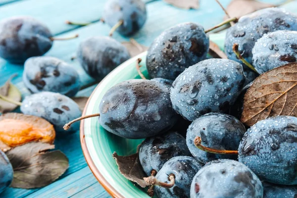 A plate of fresh Damson plums — Stock Photo, Image