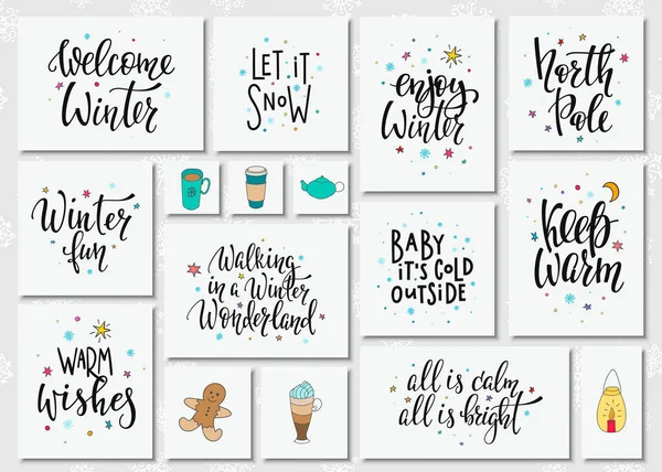 Noël hiver saison lettrage typographie ensemble — Image vectorielle