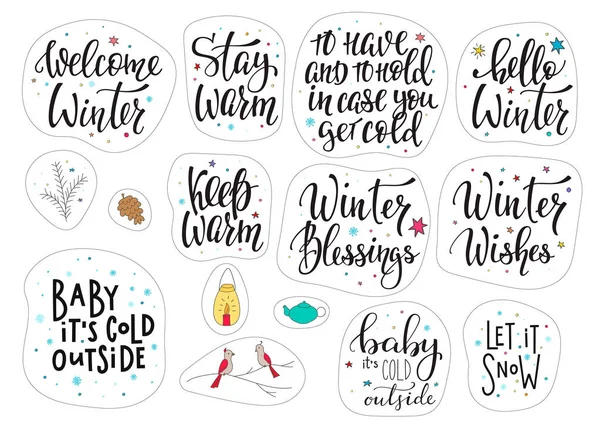 Set of vector winter inscriptions. Winter illustration and hand lettering  Hello winter, for stickers, printing, textiles, stationary, t-shirt, bag.  Stock Vector