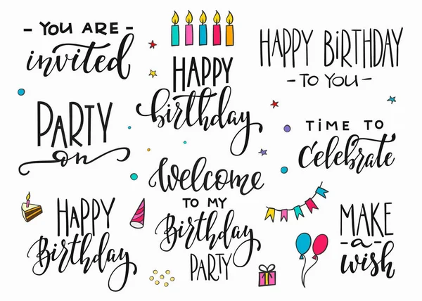 Herzlichen Glückwunsch Geburtstagsparty Schriftzug Typografie-Set - Vektorgrafik: lizenzfreie 