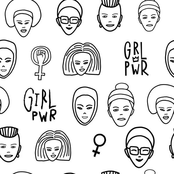 Girl power femme visage féministe modèle sans couture — Image vectorielle