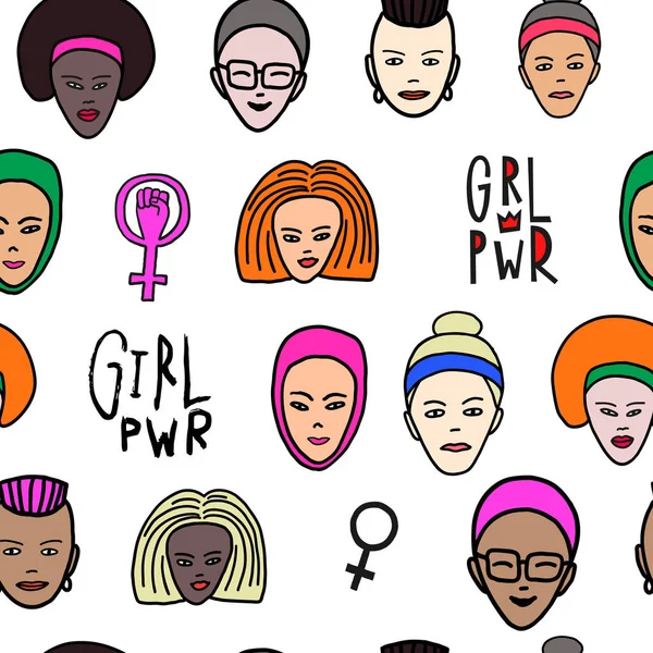 Girl power vrouw gezicht feministische naadloze patroon — Stockvector