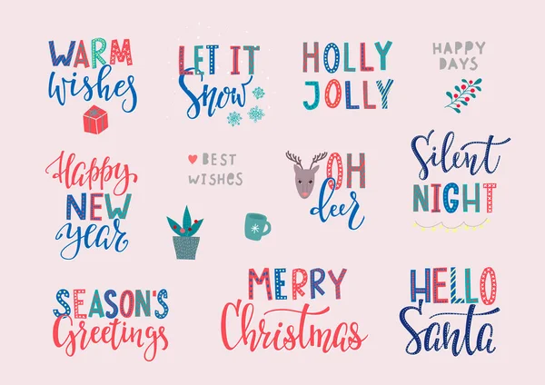 Noël Nouvel an lettrage typographie jeu de cartes — Image vectorielle