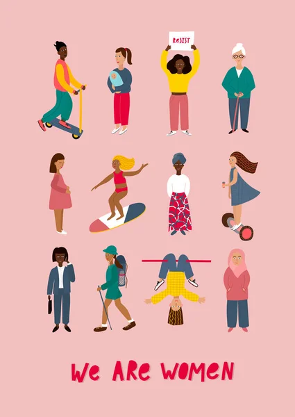 Fille Femme diversité coopération carte de personnage — Image vectorielle