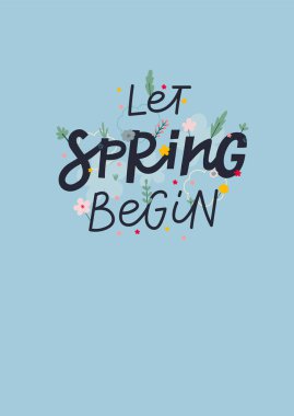 Bahar, çiçekleri yeşil kesim kartpostal illüstrasyonuyla boyamaya başlasın. Çiçek mevsimi mutlu gün tipografisinin tadını çıkar. El çizimi resim. Basit vektör işareti.