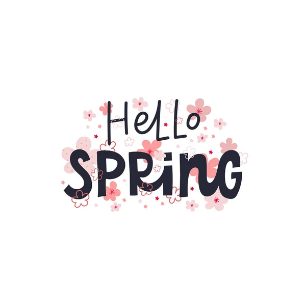 Hello Spring Lettering Flowers Cherry Bloom Cutout Style Postcard Illustration — Stock Vector