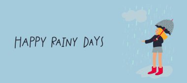 Gülümse Mutlu kız şemsiyeli lastik çizmeler Yağmur resimli insan karakterinin keyfini çıkar. Bahar mevsimi yağmurlu gün ilham verici grafik tasarım tipografi elementi. El çizimi resim. Basit vektör sembolü.