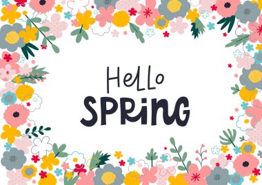 Merhaba Bahar harfleri yeşil kesimli çelenk çerçeveli kartpostal çizimi. Mevsim şablonu, ilham verici grafik tasarım tipografi öğesi. El çizimi resim. Düz vektör işareti.