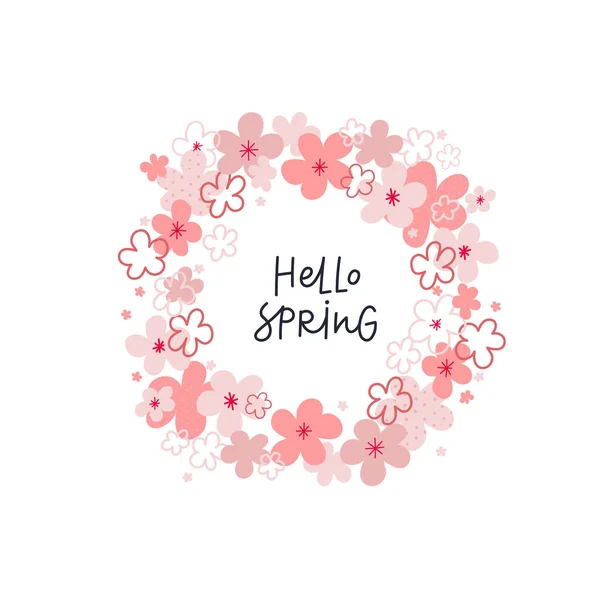 Hello Spring Bloom Lettering Flowers Wreath Frame Minimal Style Postcard — Stock Vector