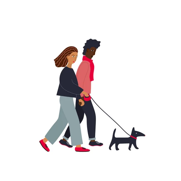 Pareja Mixta Internacional Toma Mano Ilustración Perro Paseante Primavera Verano — Vector de stock