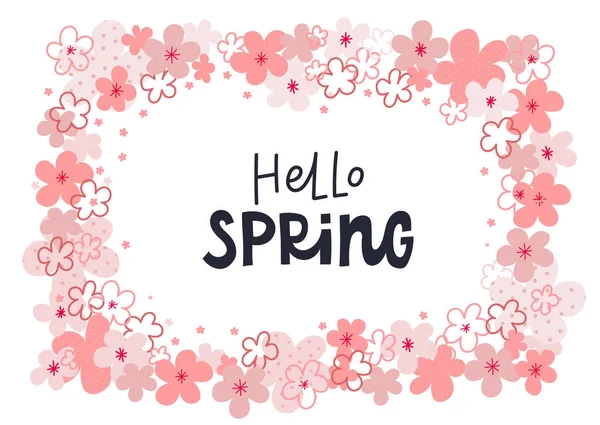 Hello Spring Bloom Lettering Flowers Wreath Frame Minimal Style Postcard — Stock Vector