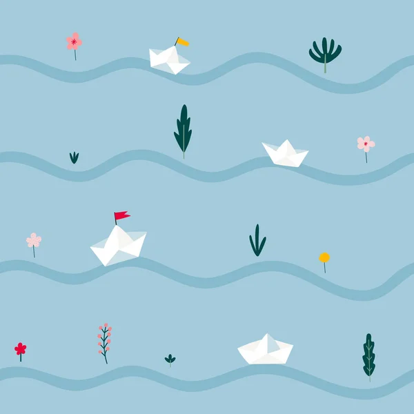 Бумажная Лодка Потоком Оригами Флага Голубом Фоне Иллюстрации Бесшовный Рисунок — стоковый вектор