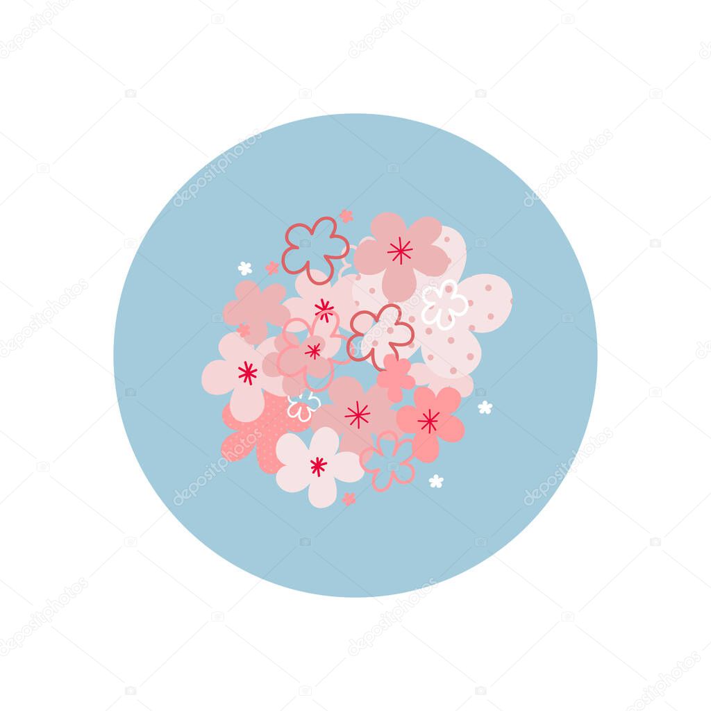 Bunch flowers bouquet circle icon sticker small spot illustration. Spring cherry sakura blossom bloom season or sunny day inspiration graphic design typography element. Hand drawn Simple vector symbol