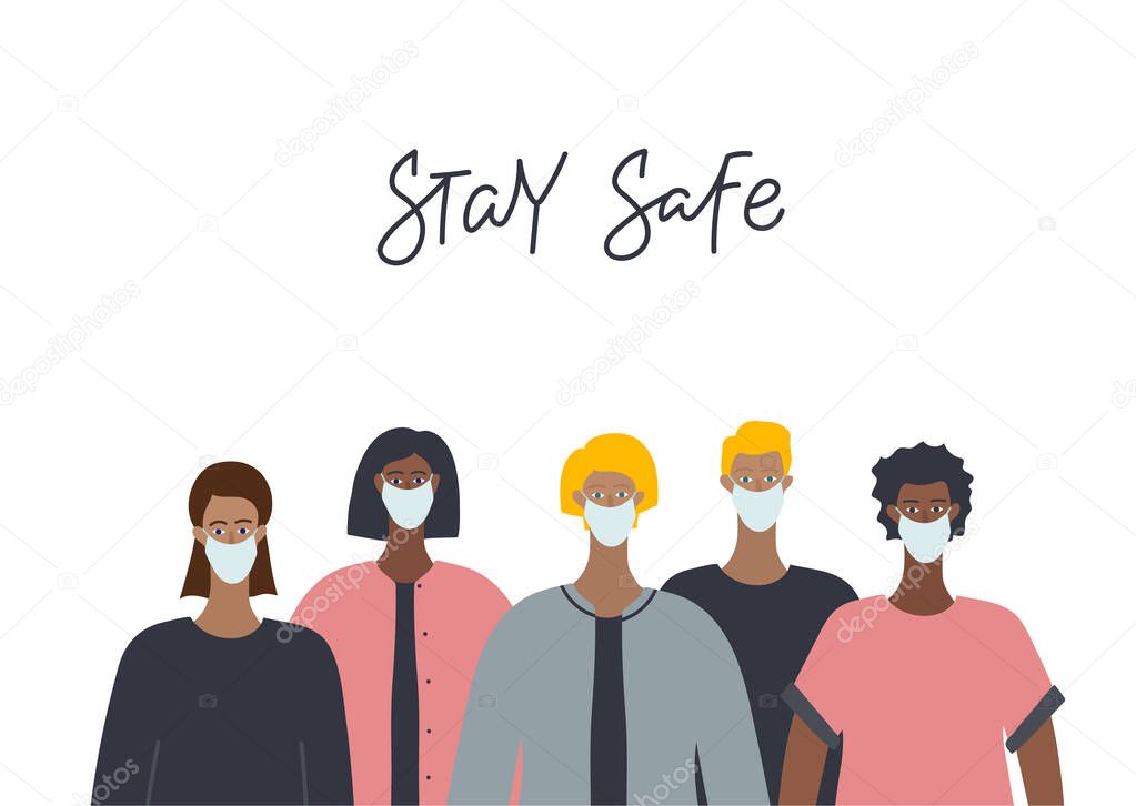 Group of multinational People wearing medical face mask. Stay safe lettering. Coronavirus epidemic pandemic concept vector illustration. Simple flat character cartoon clip art quarantine instruction.