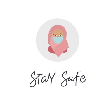 Tıbbi maske takan Müslüman bir kadın. Harf yazarken dikkatli ol. Coronavirüs salgını vektör etiketi çizimi. Basit düz insanlar karakter klibi sanat karantina talimatı.