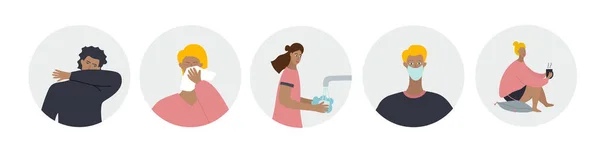 Les Gens Lavent Les Mains Portent Masque Médical Restent Maison — Image vectorielle