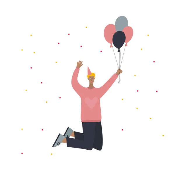 Geburtstagskind springt mit Luftballons — Stockvektor
