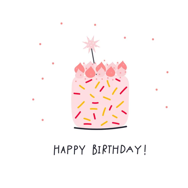 Joyeux Anniversaire Gâteau Rose Avec Guimauve Carte Postale Lettres Étoilées — Image vectorielle