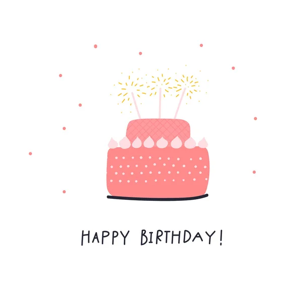 Feliz Aniversário Bolo Rosa Com Sparklers Lettering Cartão Postal Simples — Vetor de Stock