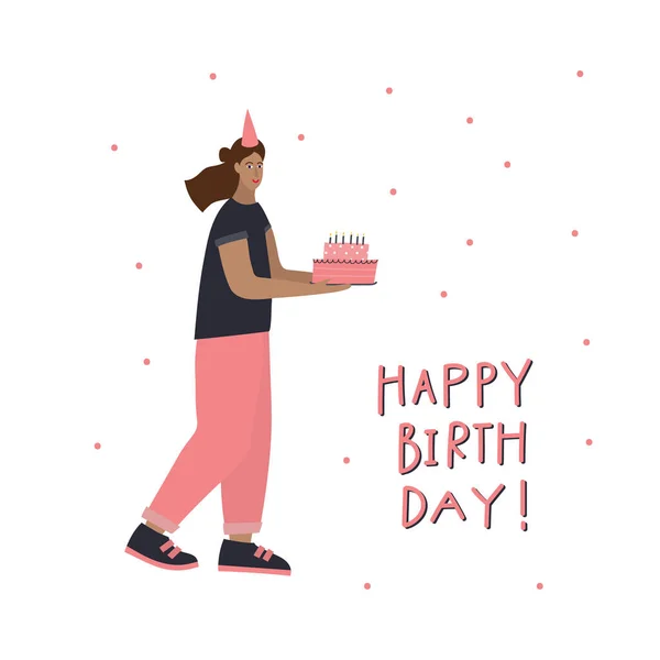 Doğum Günün Kutlu Olsun Kek Mumlu Kartpostallı Basit Düz Insanlar — Stok Vektör