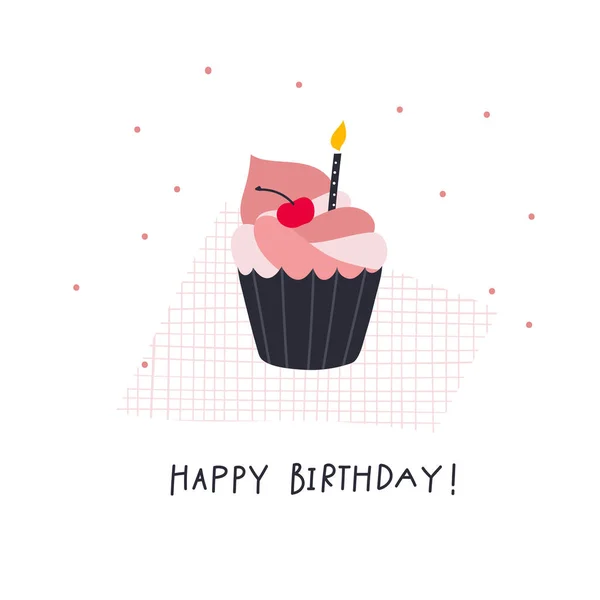 Happy Birthday Mini Torte Mit Kerze Und Kirsche Schriftzug Postkarte — Stockvektor