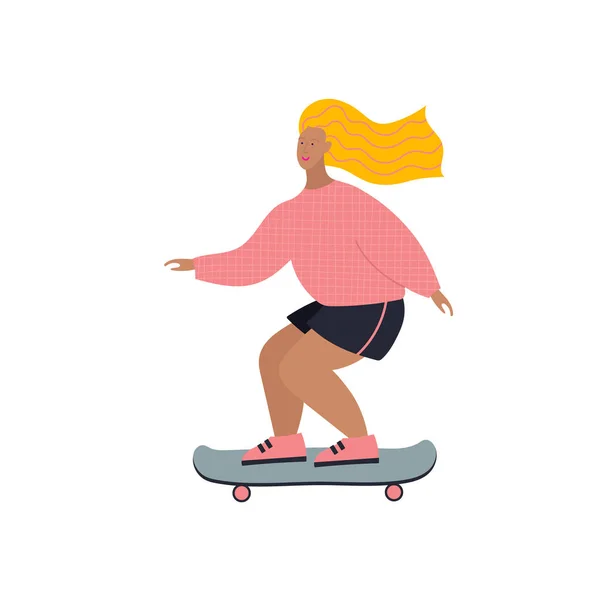 Молодая Девушка Переезжает Скейтборде Летний Теплый Сезон Обычная Открытка Плоскими — стоковый вектор