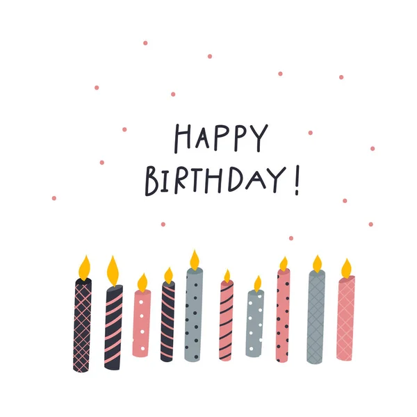 Happy Birthday Brennende Kerzen Auf Postkarte Einfache Flache Vektorillustration Cartoon — Stockvektor