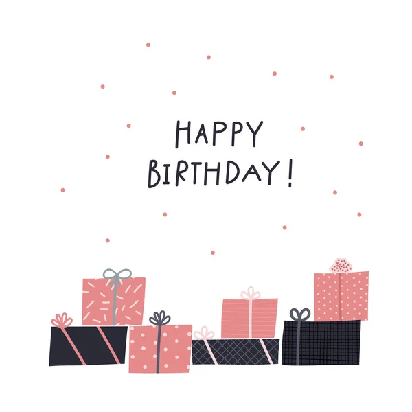 Happy Birthday Geschenk Boxen Briefpostkarte Einfache Flache Vektorillustration Cartoon Stil — Stockvektor