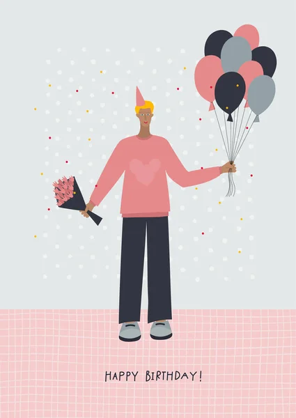 Balonlu Çiçek Kartpostallı Mutlu Yıllar Basit Düz Insanlar Erkek Adam — Stok Vektör