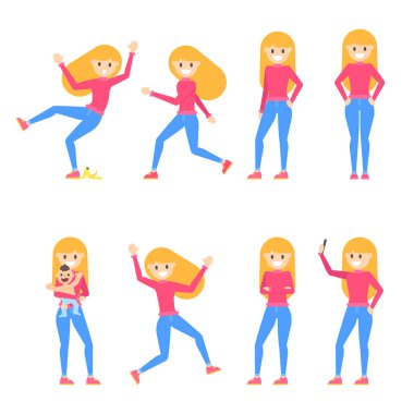 Çeşitli poz set vektör düz çizgi film mutlu genç sarışın kız olduğunu