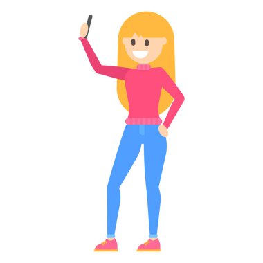 Vektör düz çizgi film mutlu genç sarışın kız bir selfie yapar
