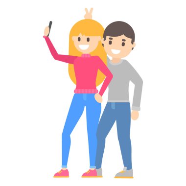 Vektör düz çizgi film mutlu genç sarışın kız ve komik adam yapar bir selfie
