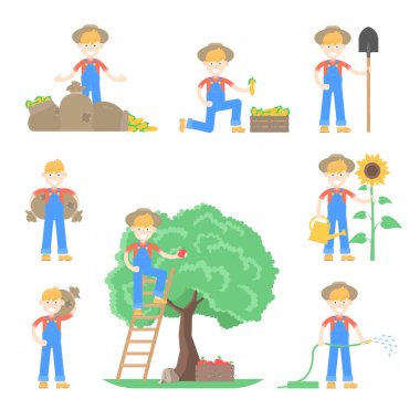 Çiftçiler ve bahçıvanlar şapkalı kümesi kullanın farklı tarım araçları ve farklı pozlar