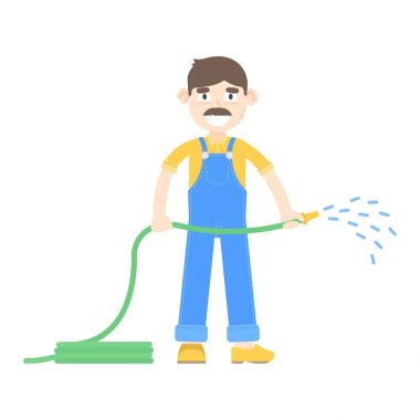 Bıyıklı çiftçi sulama hortumlar ile mavi tulum giymiş