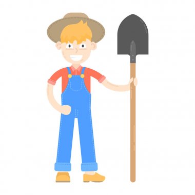 Çiftçi şapkalı mavi tulum giymiş, kürekle stand