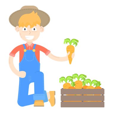 Şapkalı havuç ile mavi tulum giymiş çiftçi